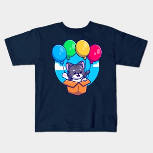 Cute Cat Flying With Cardboard Box And Balloon Cartoon Kids T-Shirt